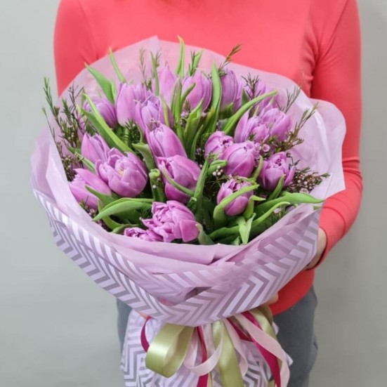 Букет «25 фиолетовых пионовидных тюльпанов» - фото 3